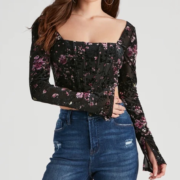 Trendy Florals Flocked Velvet Corset Top - Picture 4 of 7